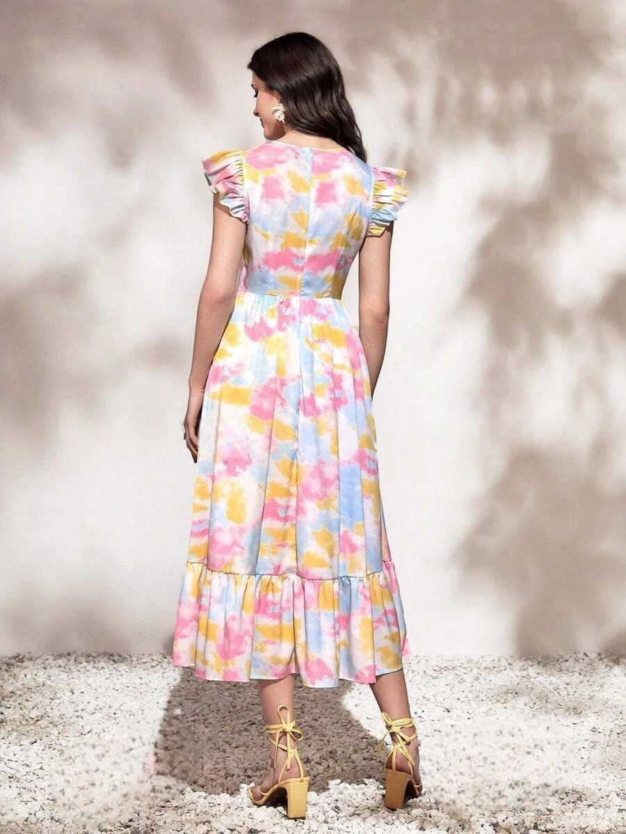 WesternStitch Round Neck Tie Ruffle Hem A Line Dress Short Sleeve Long Dress WesternStitch