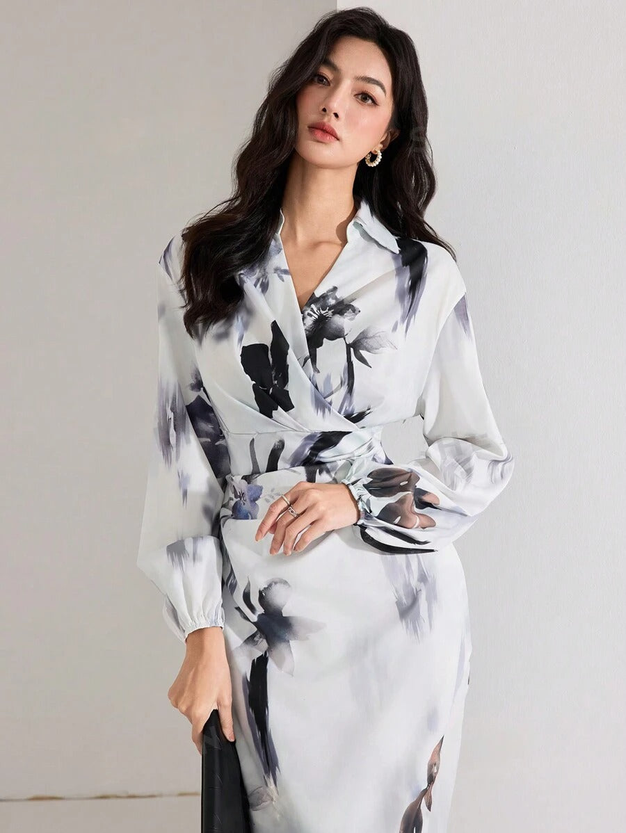 WesternStitch Women's Fall Elegant Floral Print Lantern Sleeve Long Dress WesternStitch