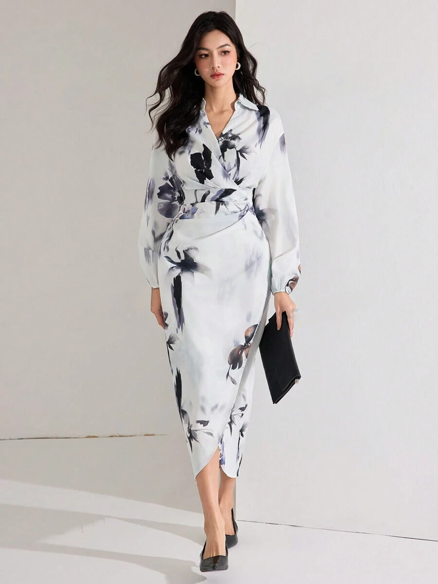 WesternStitch Women's Fall Elegant Floral Print Lantern Sleeve Long Dress WesternStitch