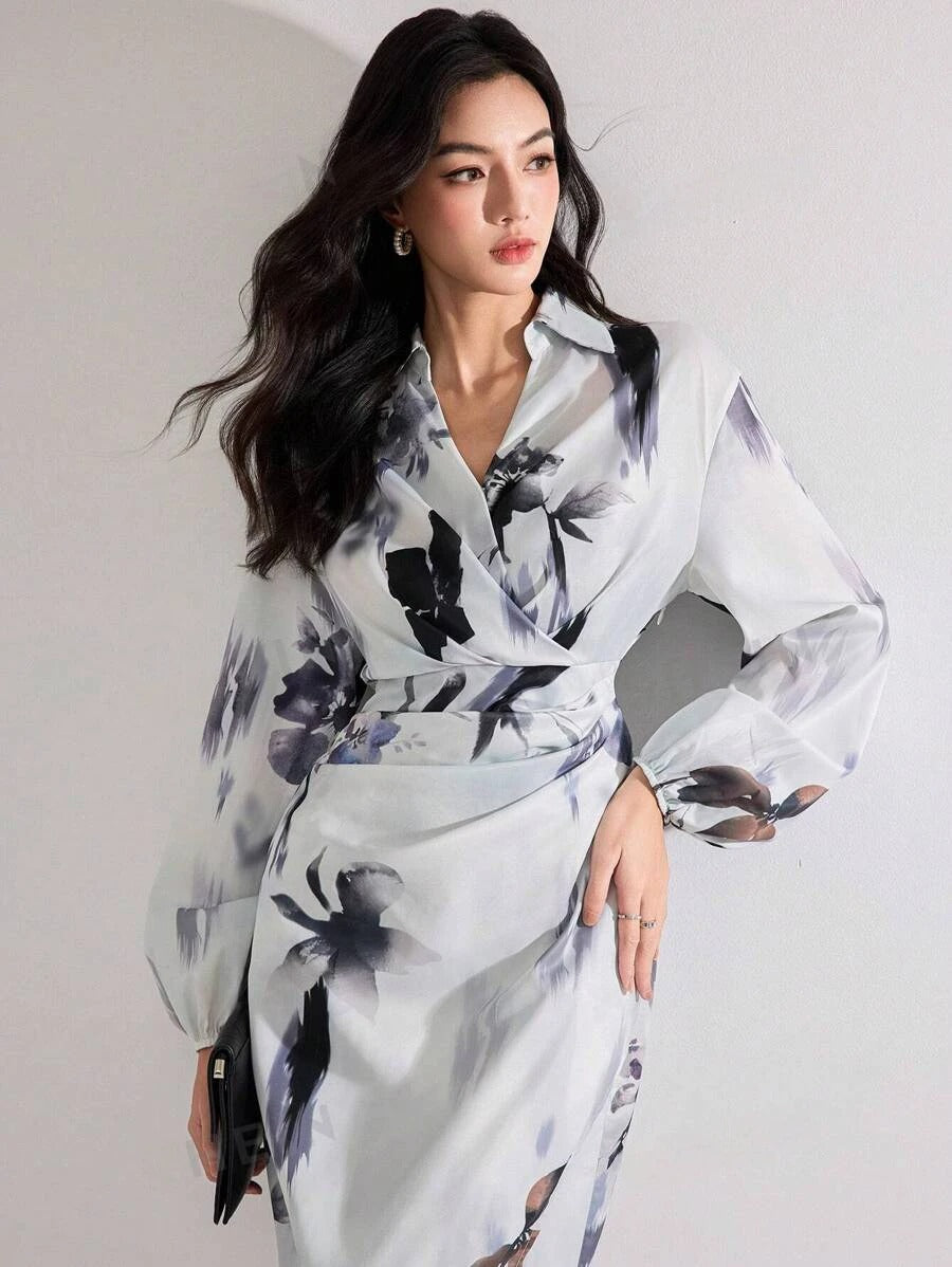 WesternStitch Women's Fall Elegant Floral Print Lantern Sleeve Long Dress WesternStitch