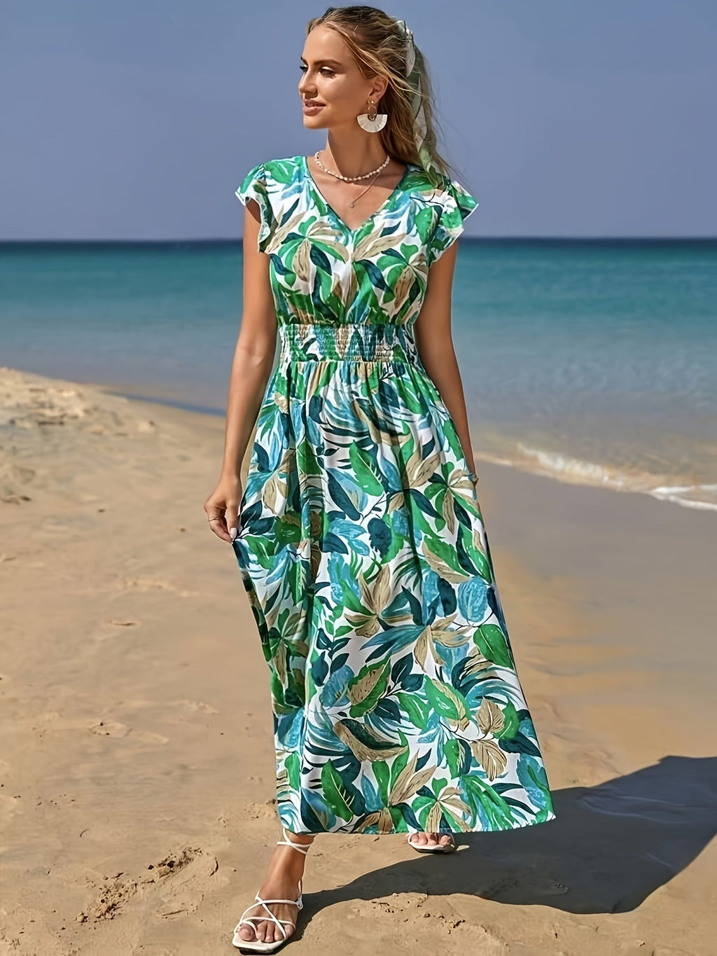 WesternStitch Tropical Leaf Print Beach Maxi Dress WesternStitch