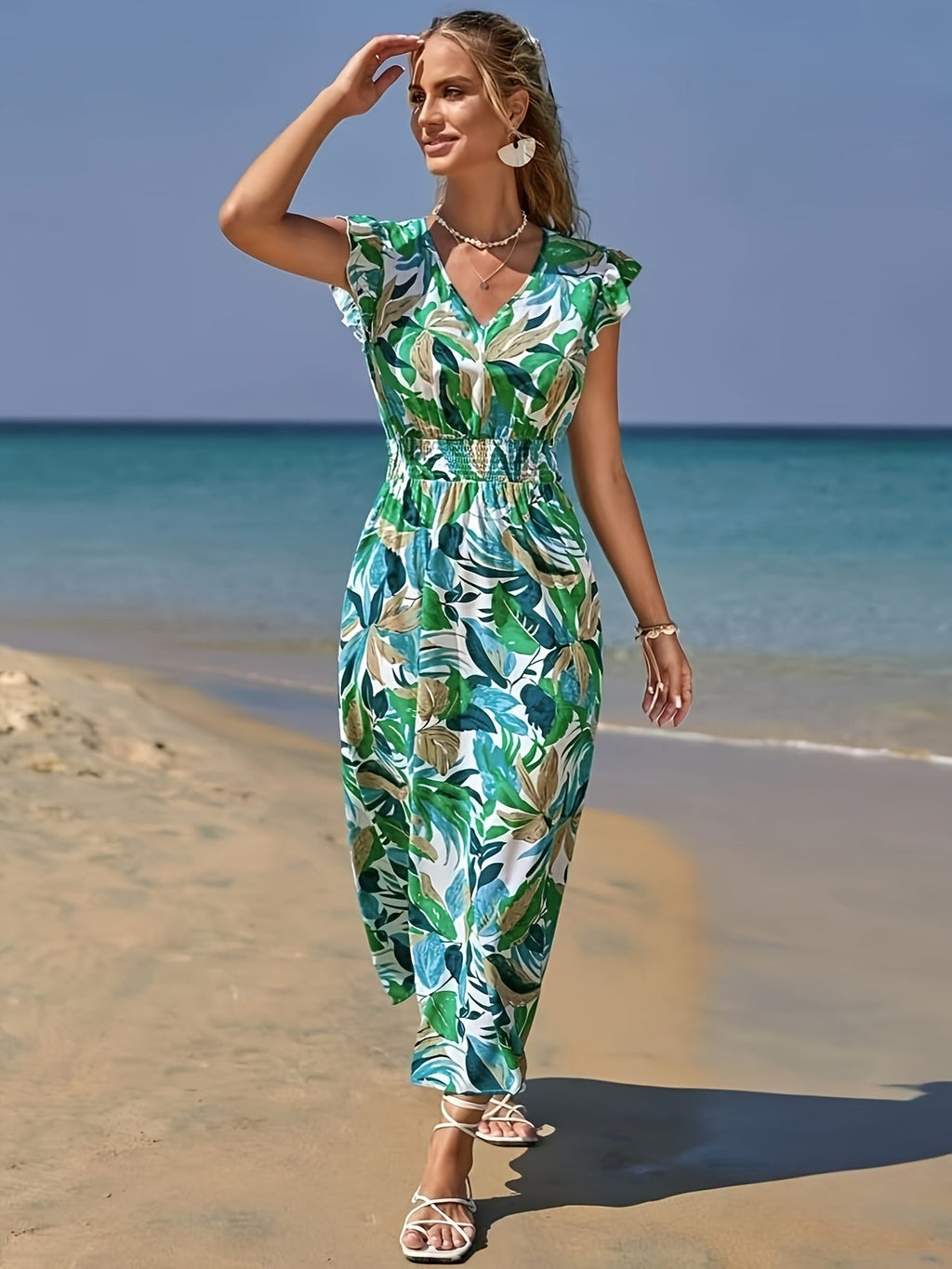 WesternStitch Tropical Leaf Print Beach Maxi Dress WesternStitch