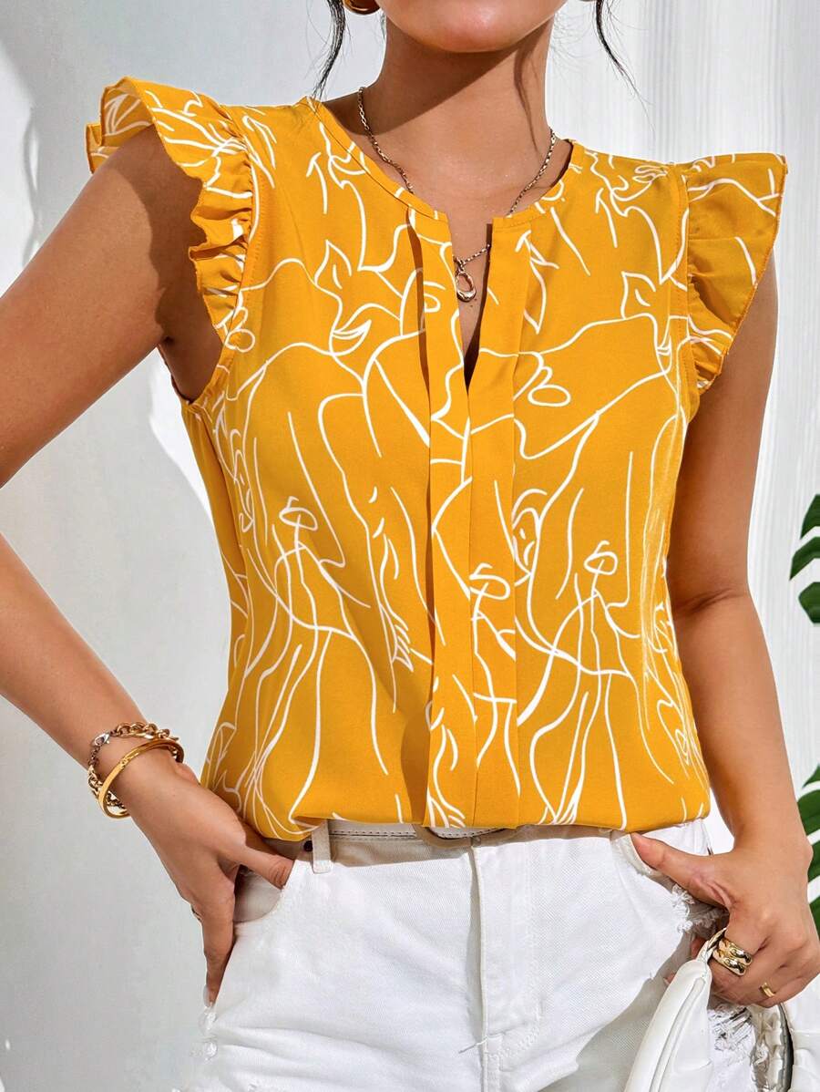 WesternStitchYellow Soft Fabric Abstract Stripe Print Rolled-Up Short Sleeves Round Neckline Relaxed Fit Top For Women WesternLove