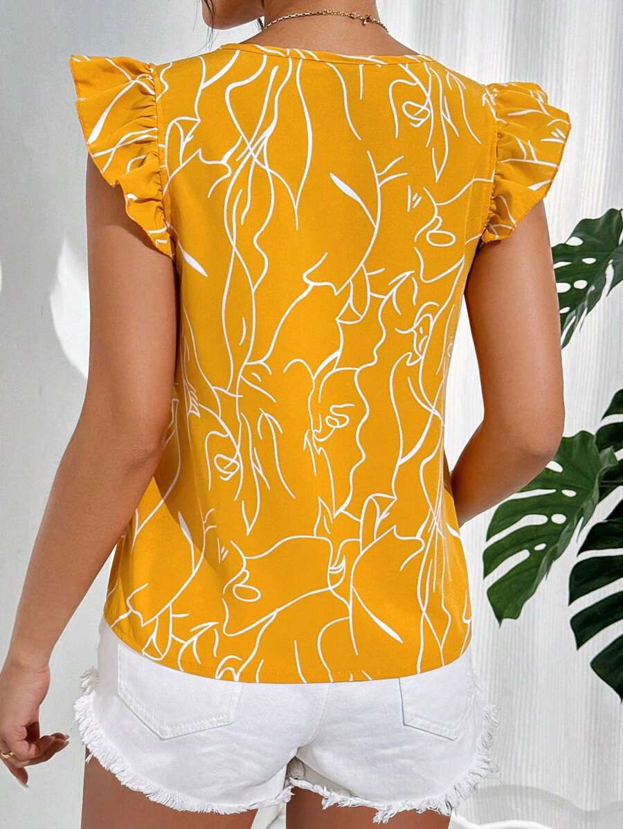 WesternStitchYellow Soft Fabric Abstract Stripe Print Rolled-Up Short Sleeves Round Neckline Relaxed Fit Top For Women WesternLove
