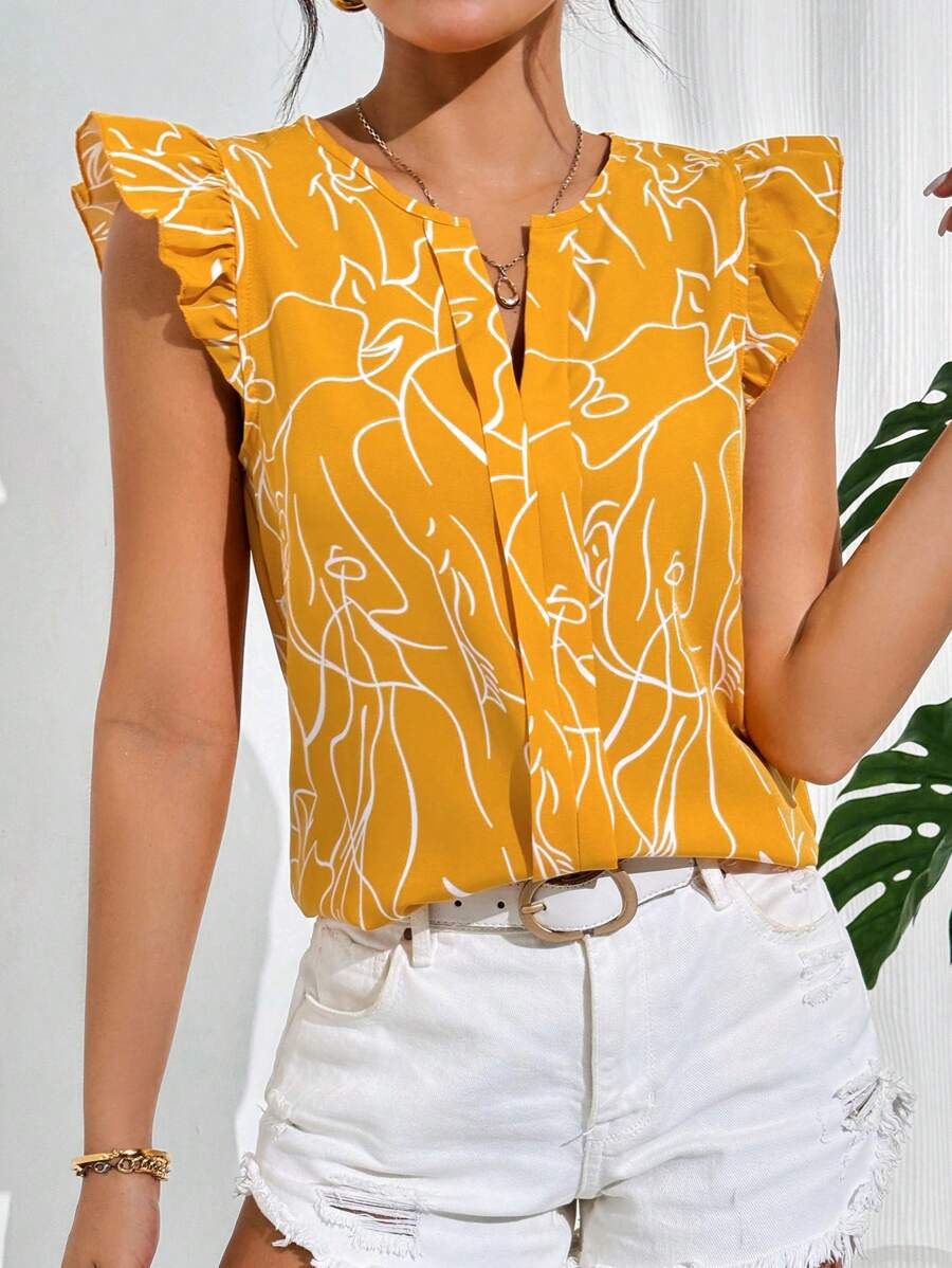 WesternStitchYellow Soft Fabric Abstract Stripe Print Rolled-Up Short Sleeves Round Neckline Relaxed Fit Top For Women WesternLove