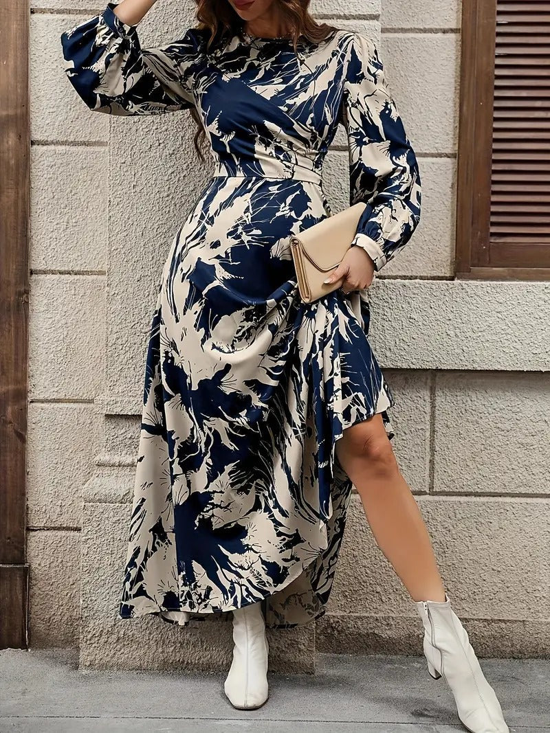WesternStitch Allover Print Crew Neck Dress, Elegant Long Sleeve Ankle Length Dress WesternStitch