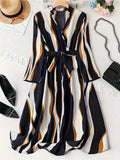 WesternStitch Abstract Print Surplice Neck Belted Dress, Casual Long Sleeve Dress WesternStitch