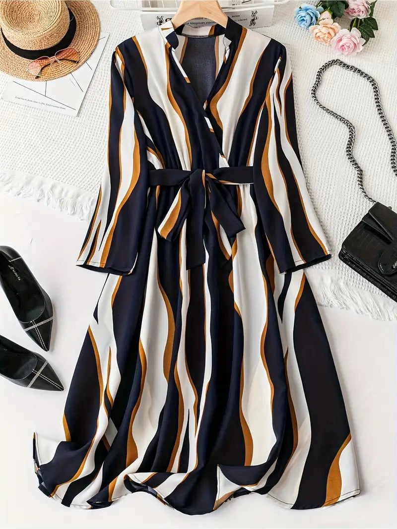 WesternStitch Abstract Print Surplice Neck Belted Dress, Casual Long Sleeve Dress WesternStitch